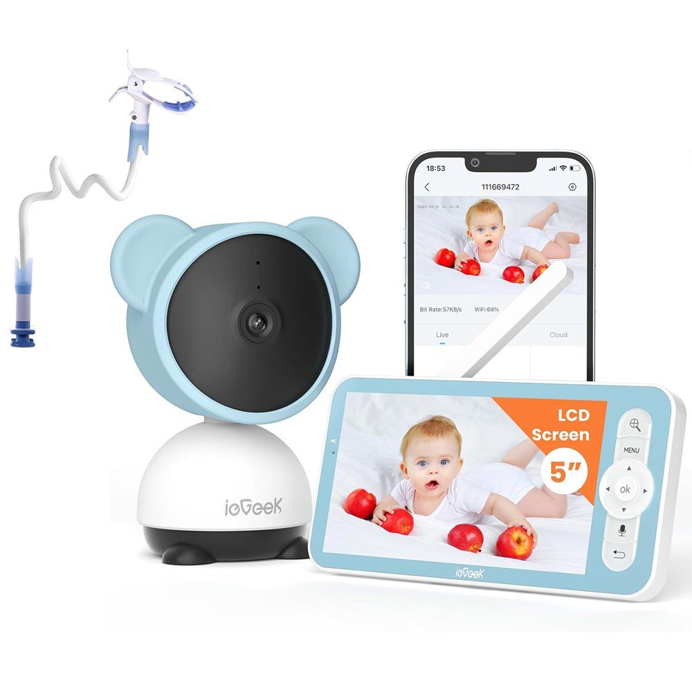 ieGeek Babyphone 5 Zoll Babyphone mit Kamera App Video babyfon Mit Halterung, PTZ 355° Zonenalarme, 4×Zoom, IR-Nachtsicht, Automatische Verfolgung, Bewegungs/Geräuscherkennung, unterstützt App Steuerung, 4-fache Zoomfunktion,300m Signal