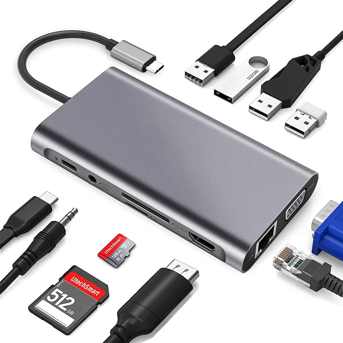 7Magic Laptop-Dockingstation USB C Docking Station Dual Monitor, 11 in 1 USB C Hub Adapter, 100 W Stromversorgung, 4K 30Hz HDMI, 1080P 60Hz VGA, 5Gbps USB 3.0