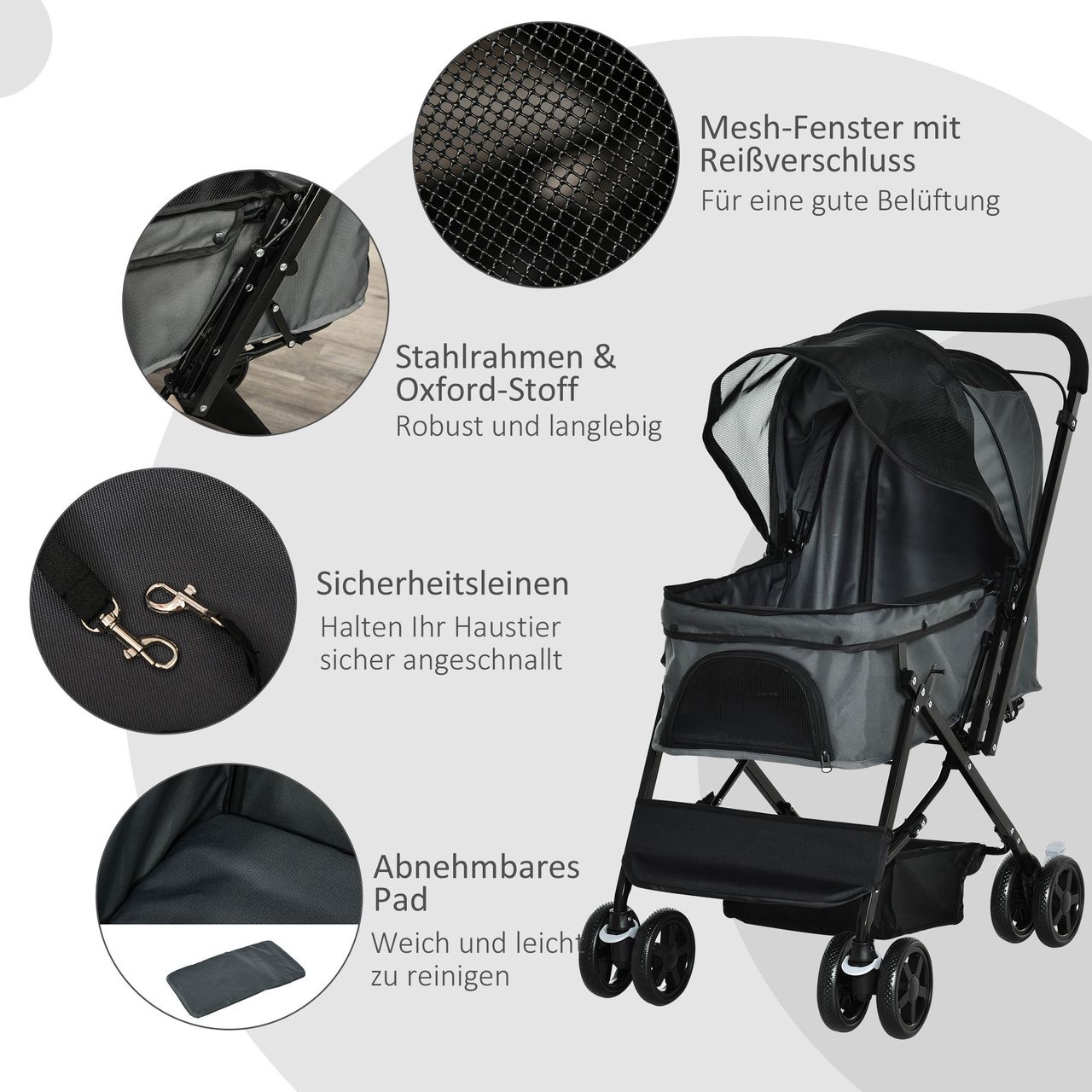 PawHut Hundebuggy Hundewagen für kleine Hunde Katzen Pet Stroller Oxford Grau