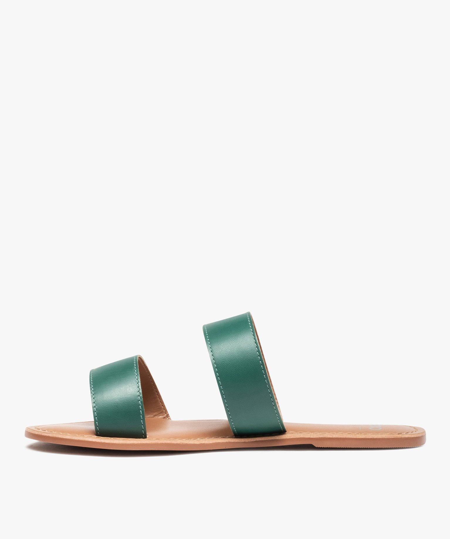 Mules femme plates à larges brides dessus cuir uni vert | GEMO
