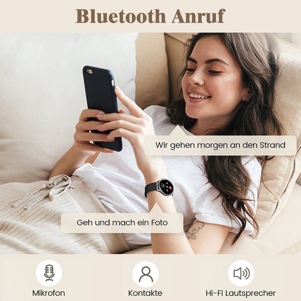 Powerwill Damen Smartwatch mit Telefonfunktion, 1,39-Zoll-HD-Voll-Touchscreen Smartwatch (1,39 Zoll) Schlafüberwachung, Menstruationszyklus, Armbanduhr, IP68, mit Wechselarmband aus Silikon, Fitness-Tracker mit 120 Sportmodi, SpO2-Herzfrequenzmesser