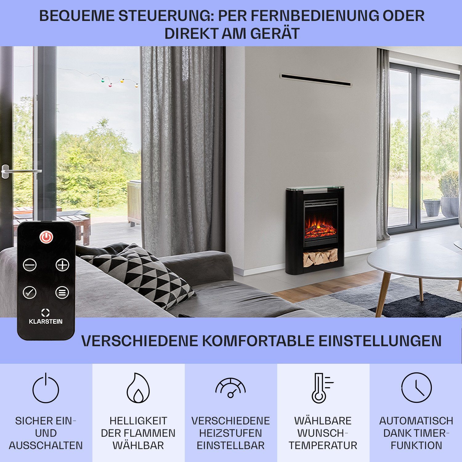 Klarstein Elektrokamin Studio 5 Arc, elektrischer Kamin mit Heizfunktion Heizlüfter elektrischer Kaminofen