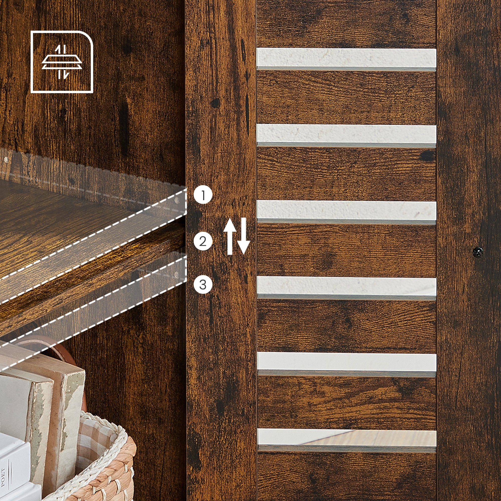 VASAGLE Highboard, Bücherschrank mit Lamellentüren, 2 offene Fächer