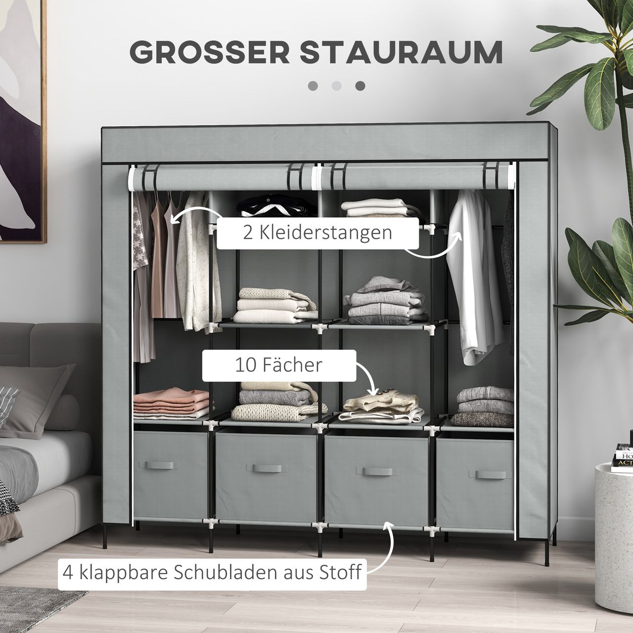 HOMCOM Stoffschrank Kleiderschrank mit Kleiderstange, 10 Fächern, 4 Schubladen