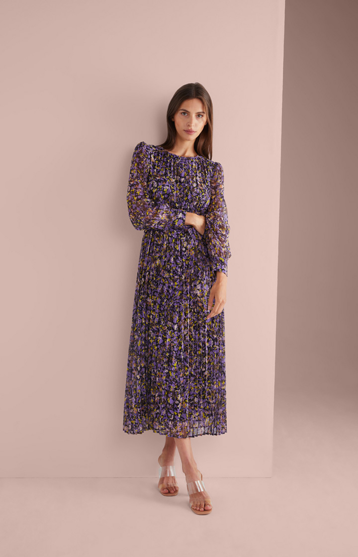 Chiffon-Plissee-Kleid in Lila/Gelb gemustert