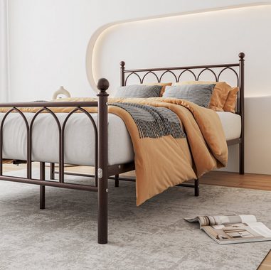 WISHDOR Metallbett Einzelbett mit Lattenrost (120 x 200 cm Braun ohne Martratze), Bettgestell aus Metall, passend für 120 x 200 cm Matratze