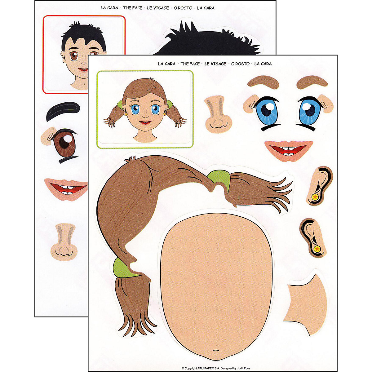 Jungen u. Mädchen Gesichter Sticker, wiederverwendbar, 3 Blätter