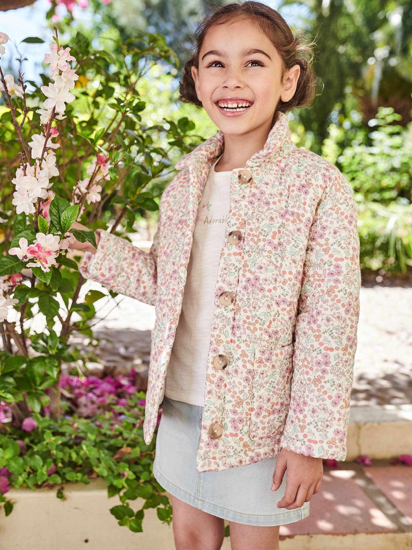 Veste matelassée imprimée fleurs fille écru