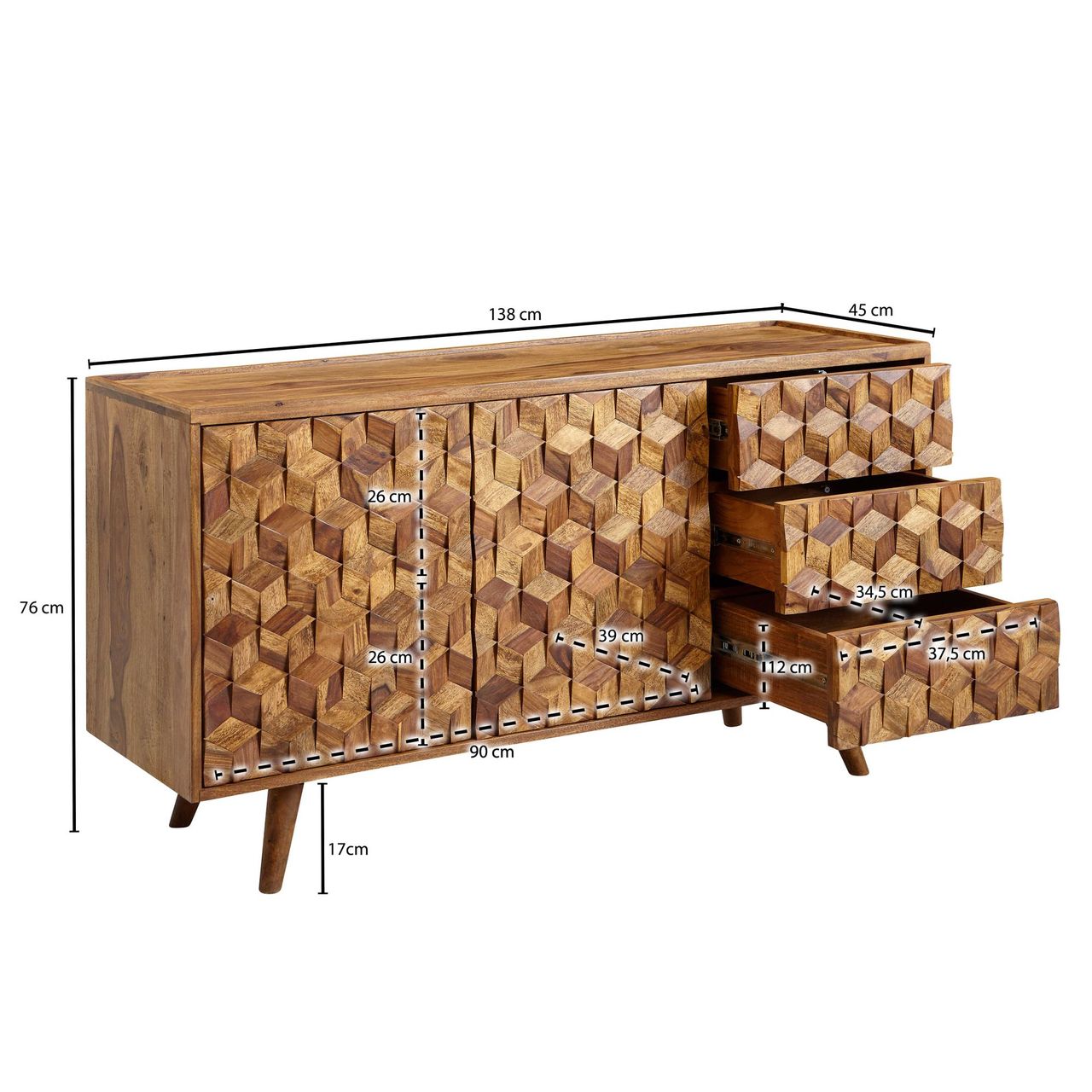 Skyport WOHNLING Sideboard 138x76x45 cm Holz Massiv Kommode Anrichte Modern Standschrank