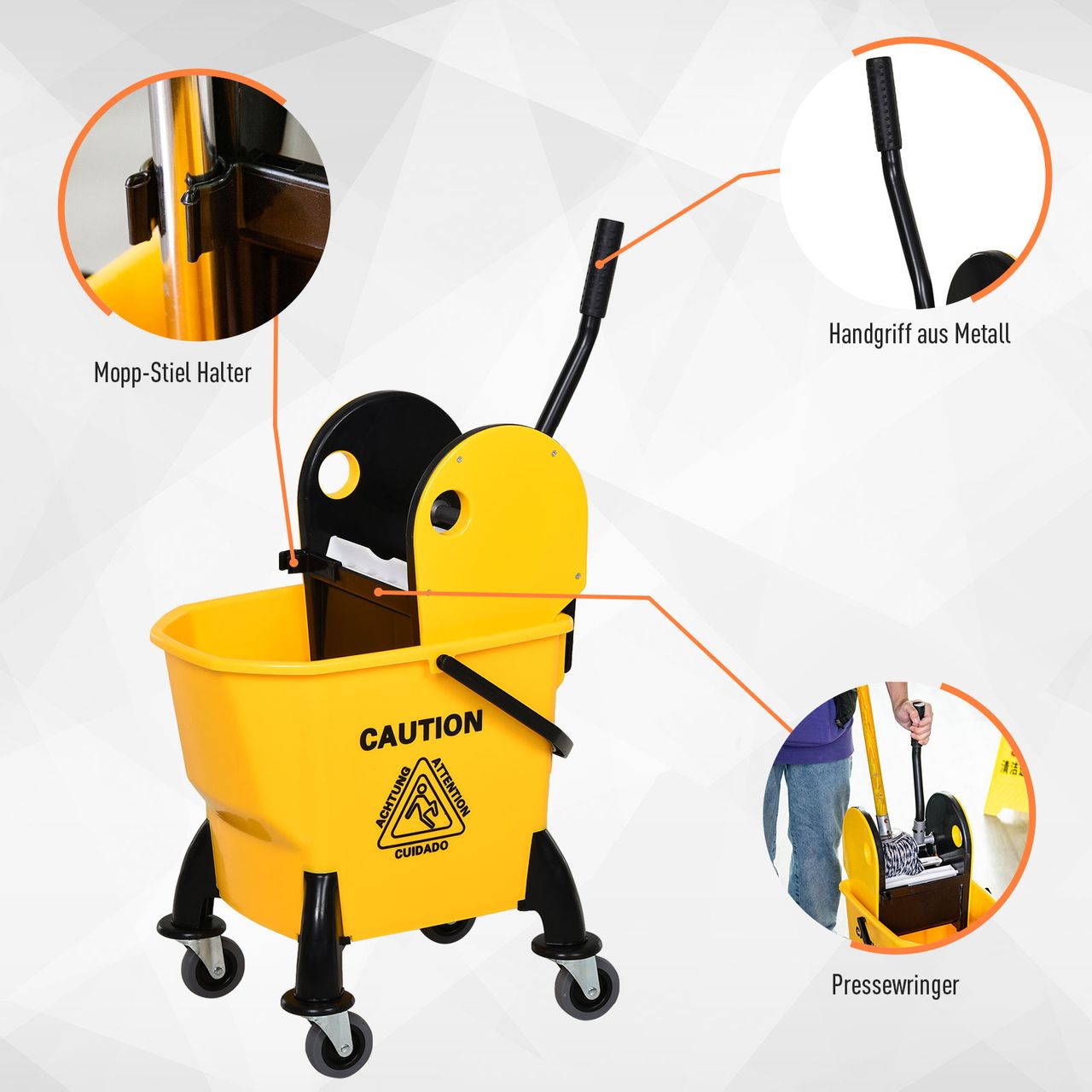 HOMCOM Reinigungswagen Fahreimer Putzeimer Wischwagen mit Auswringvorrichtung 26 Liter, Gelb, 44 x 36 x 90 cm