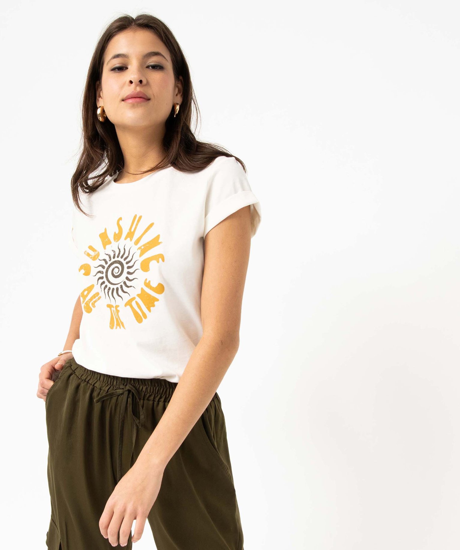 Tee-shirt femme imprimé à manches courtes beige | GEMO