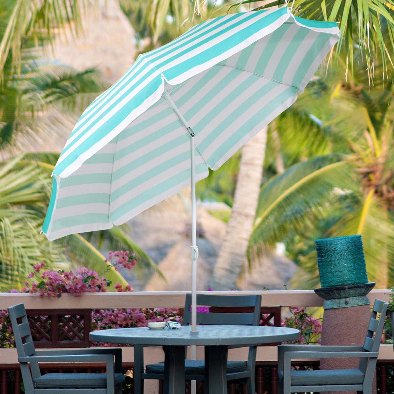 Sekey Balkonschirm Rund Terrassenschirm Strandschirm mit Schutzhülle Sonnenschirm 160 cm, Höhe verstellbar, Um 30° knickbar, Gestreift