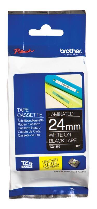Brother TZe-355 Authentic Schriftband Selbstklebend Weißer Druck auf Schwarz 24 mm x 8m