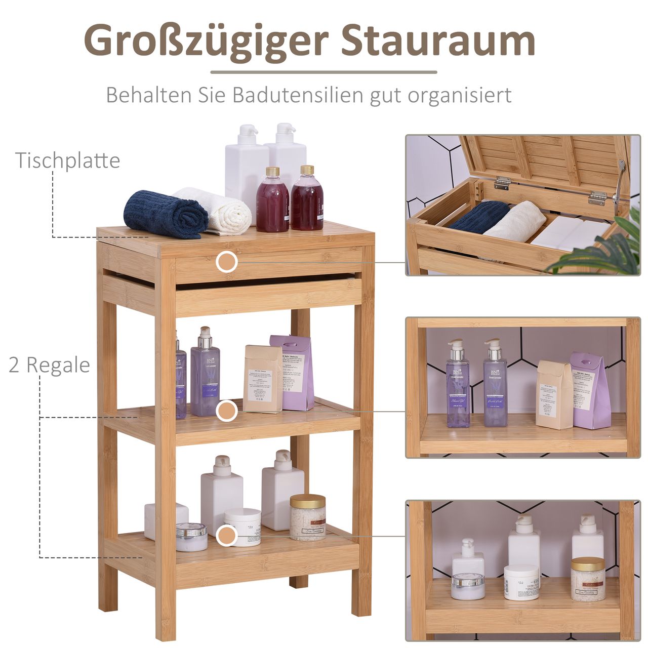 HOMCOM Badregal Badzimmerregal mit 2 Ablagen Klappdeckel Standregal Bambus Natur