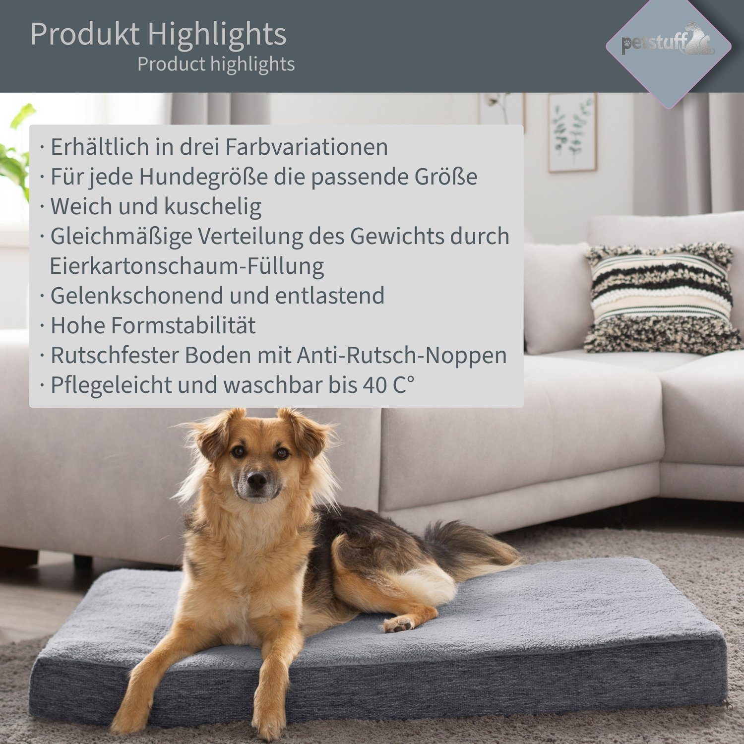PETSTUFF Tierkissen Hundebett Hundematte Hundekissen Tierkissen, Vlies aus 100% Polyester, Tierbett, Bezug abnehmbar, rutschfest, Farb- und Größenwahl