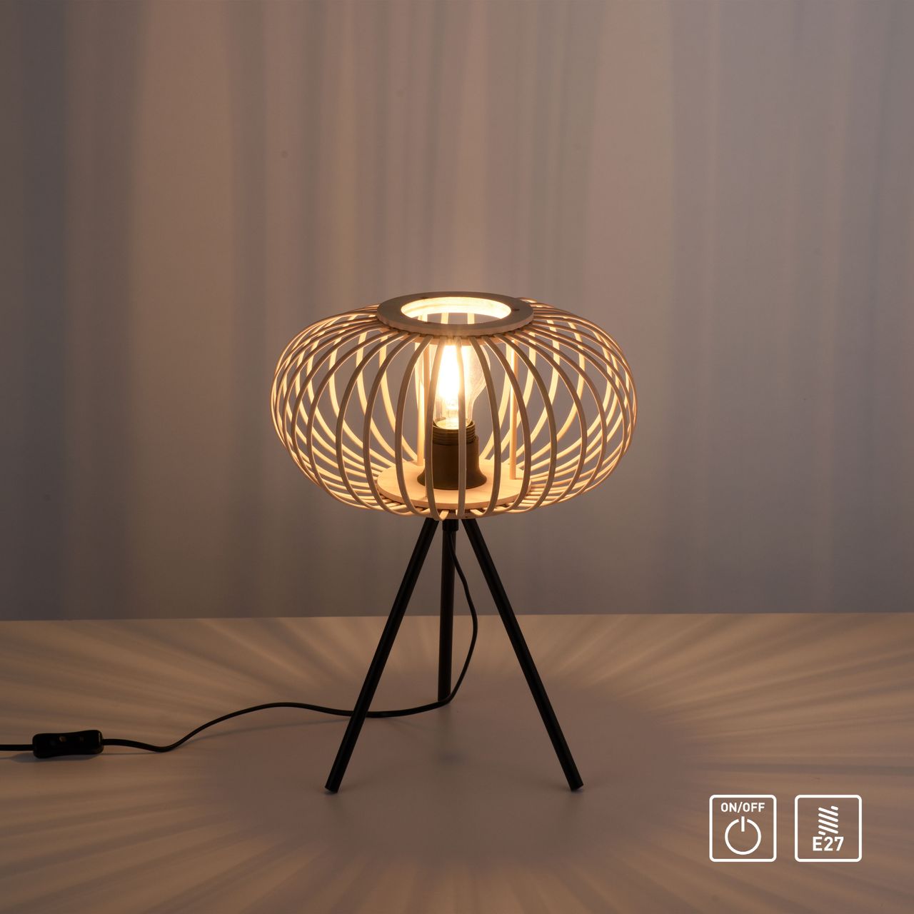 JUST LIGHT LeuchtenDirekt Tischleuchte RACOON, 1-flammig, E27, Dreibein-Stativ, Bambus-Schirm, Ø32cm, Holz-natur, IP20