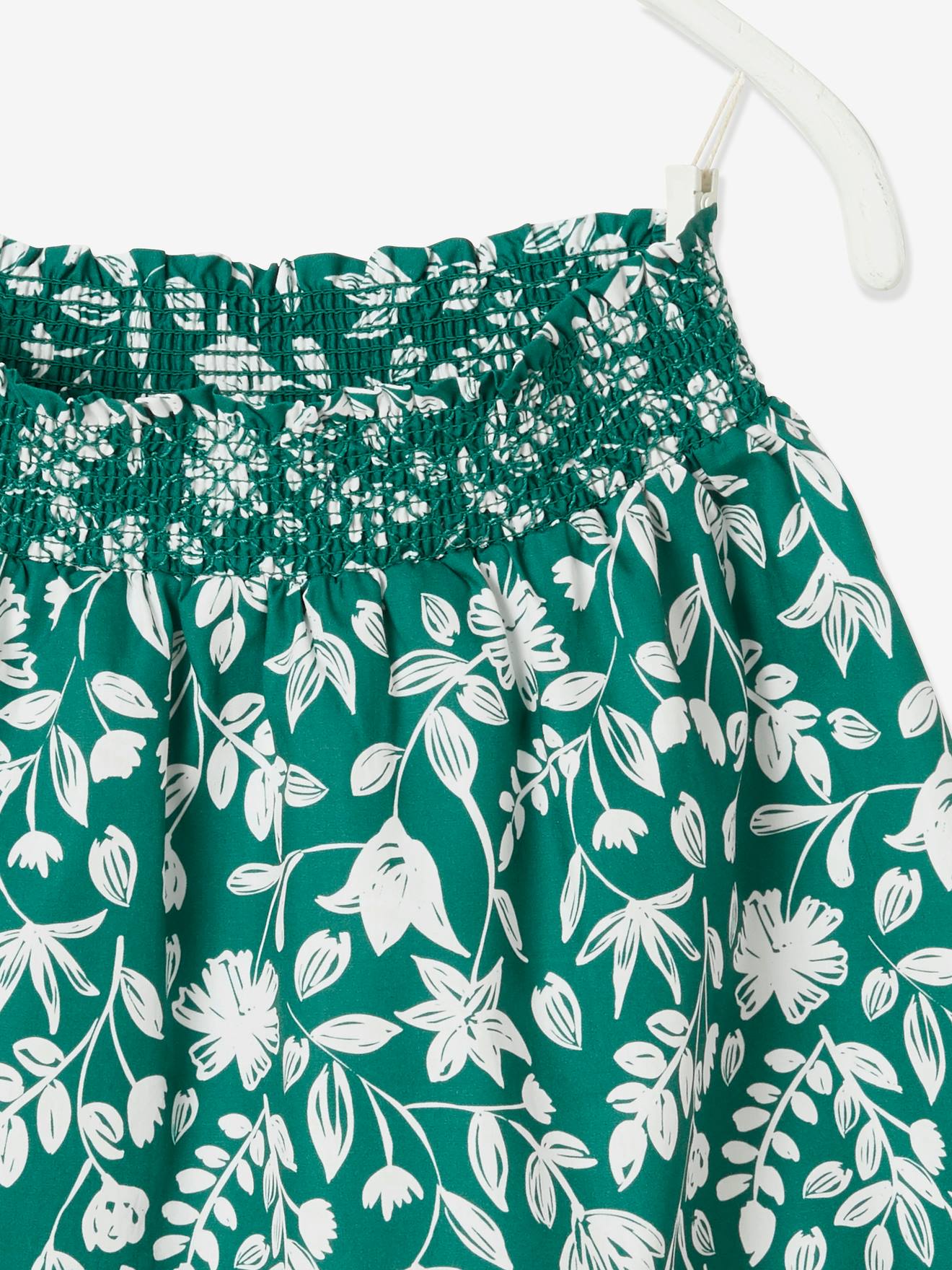 Jupe tournante fille taille smockée vert imprimé