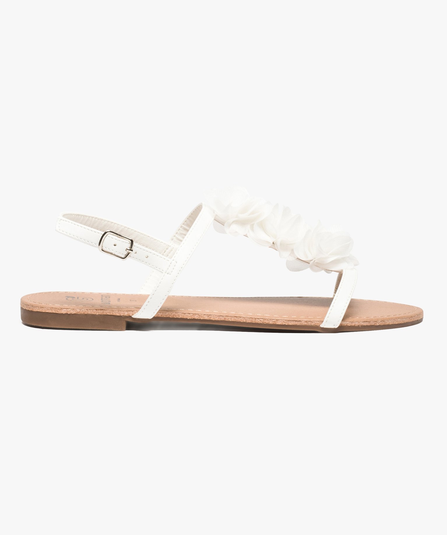 Sandales femme à talon plat ornées de fleurs en tissu blanc | GEMO