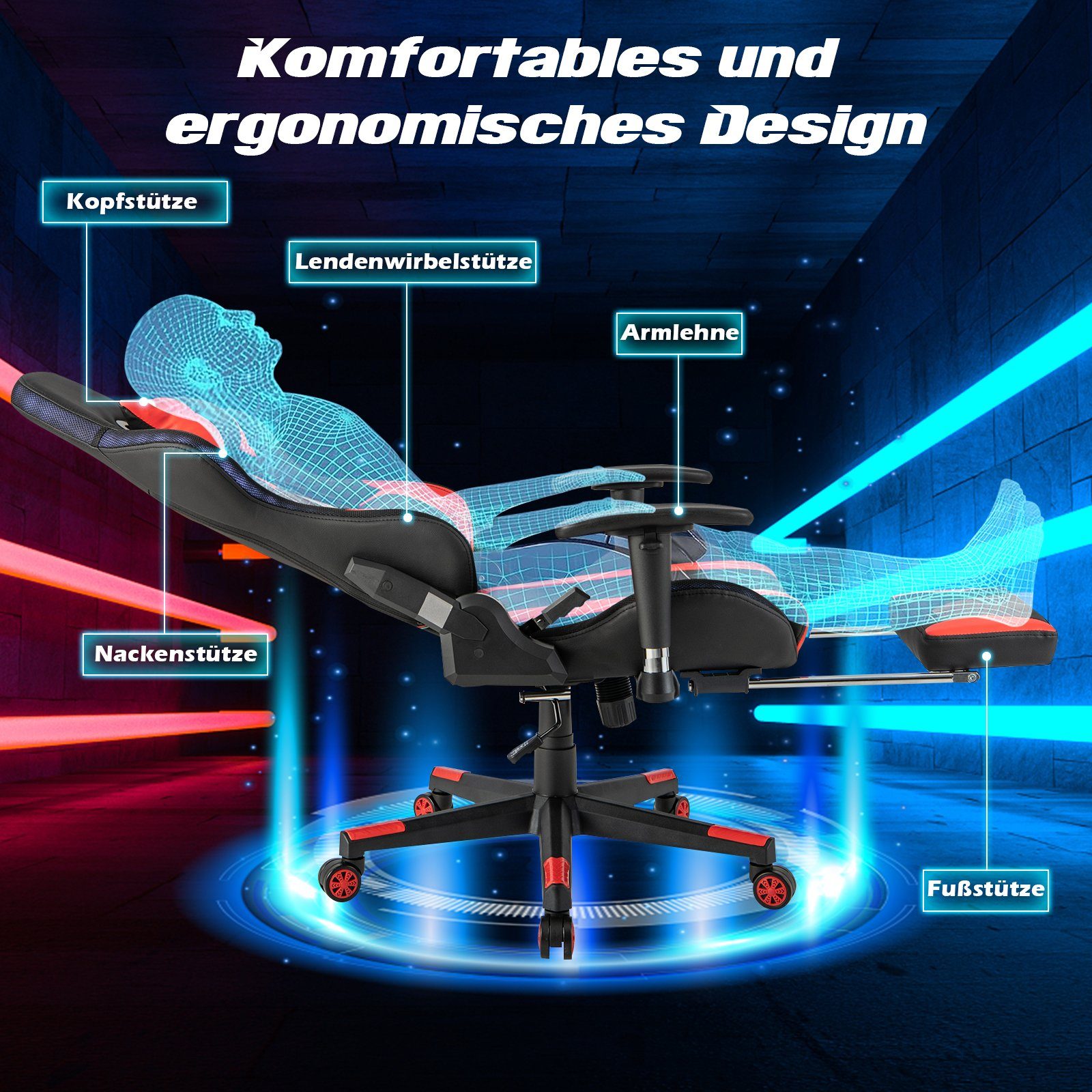 COSTWAY Gaming-Stuhl, mit Fußstütze, RGB-LEDs, verstellbarer Rücklehne, 160kg