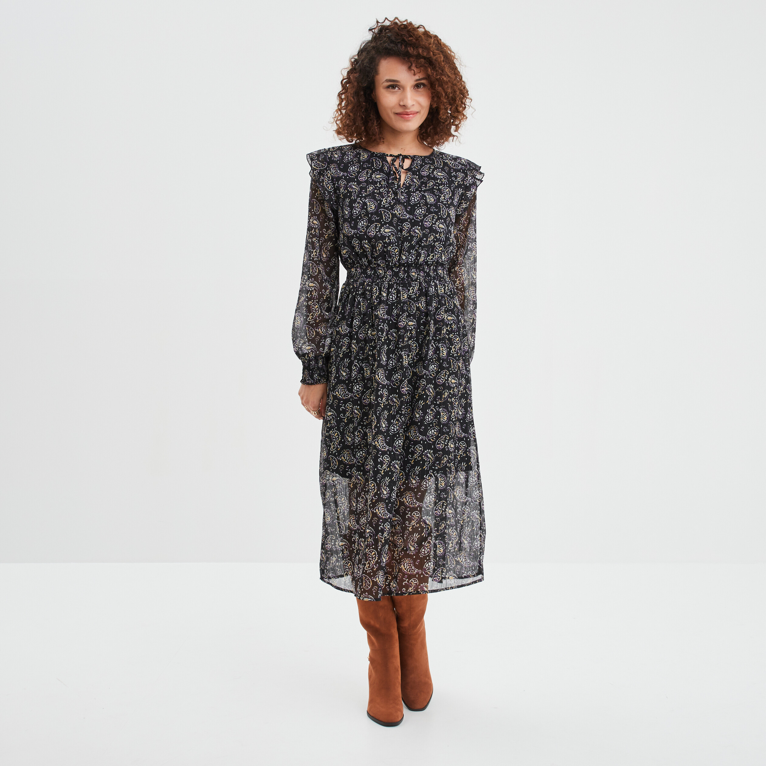 Robe fluide à volants longue noir femme | La Halle