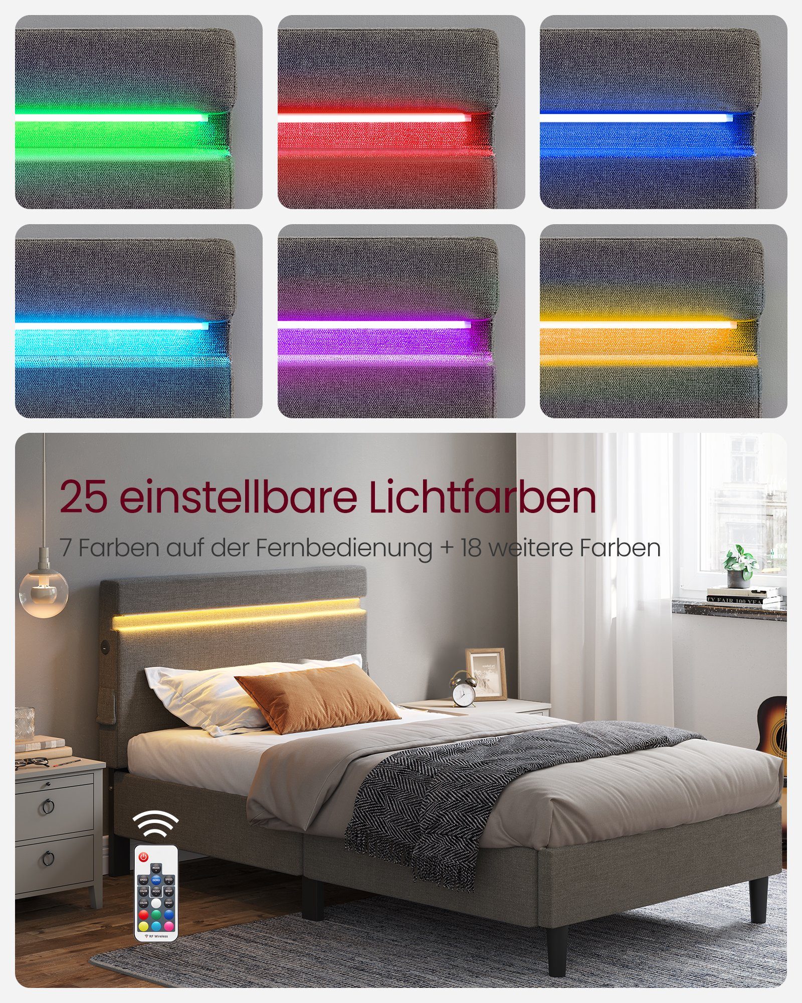 VASAGLE Polsterbett, Bettgestell, 25 Farben und 10 Blinkmustern, USB- und TYPE-C Anschluss