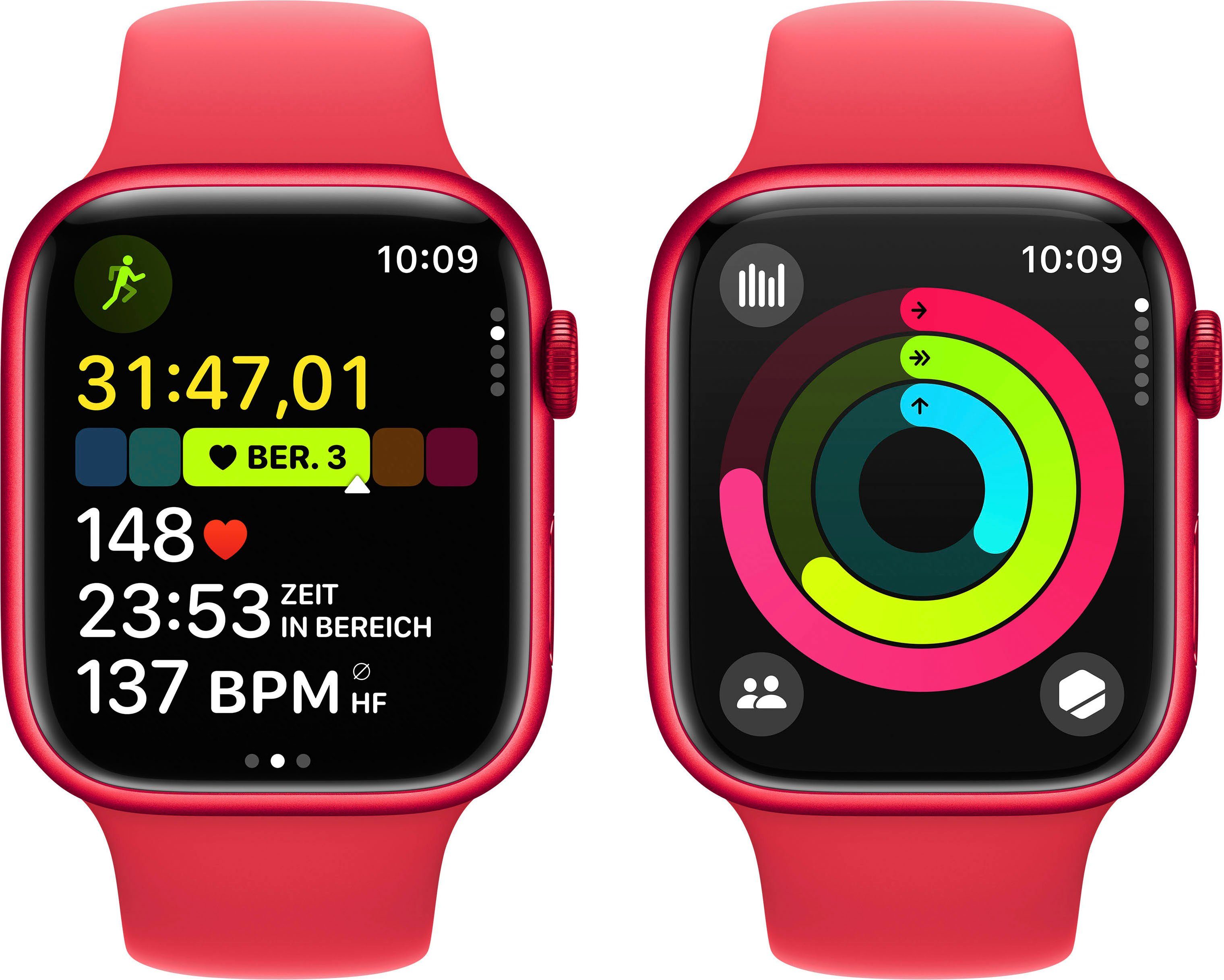 Apple Watch Series 9 GPS Aluminium 45mm M/L Smartwatch (4,5 cm/1,77 Zoll, Watch OS 10), Sport Band