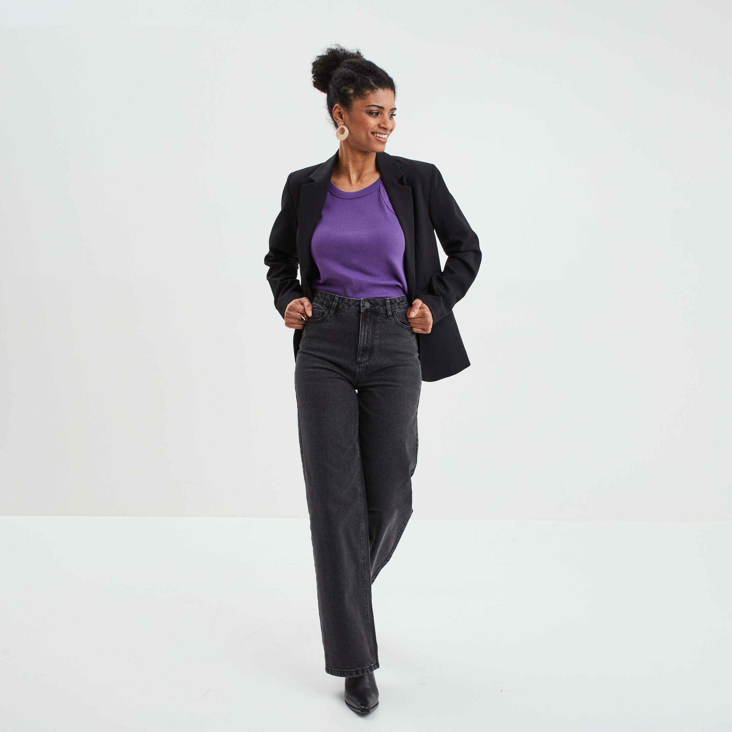Jeans wide leg taille haute coton denim noir femme | La Halle