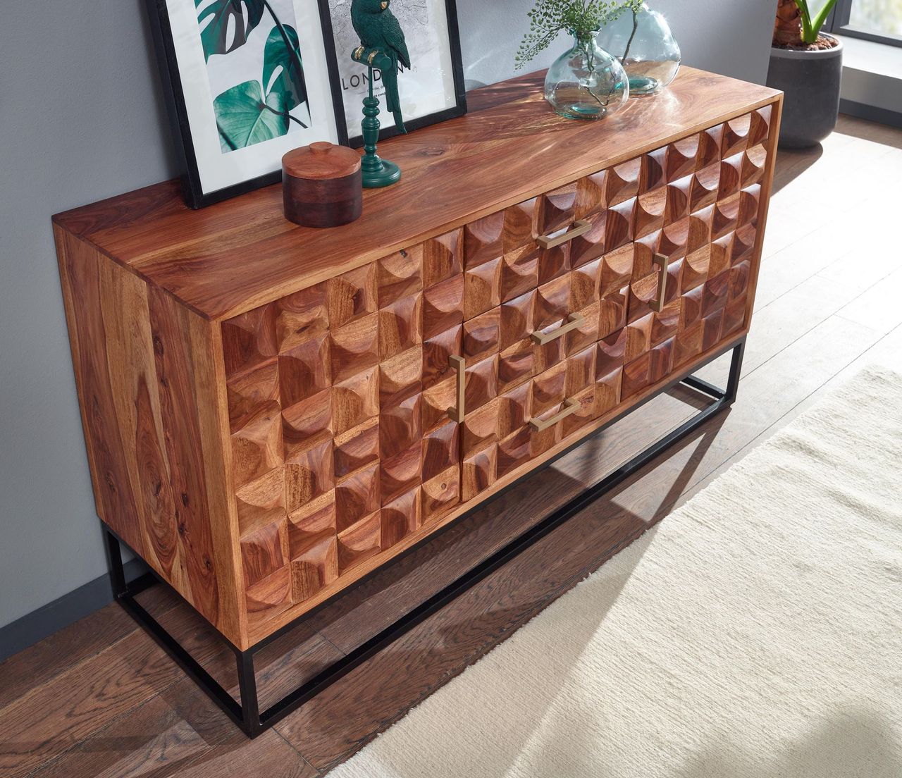 Skyport WOHNLING Sideboard 145x81x45 cm Holz Massiv Kommode Anrichte Modern Standschrank