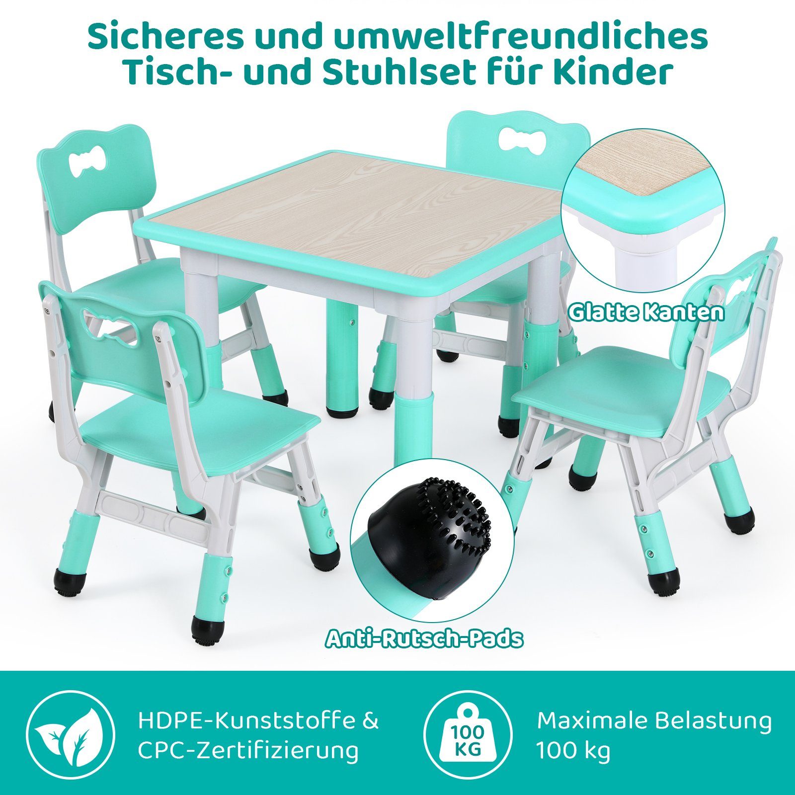 TLGREEN Kindersitzgruppe Kindertisch mit 4 Stühlen, Kindermöbel, Quadratischen Tisch Höhenverstellbar Plastik