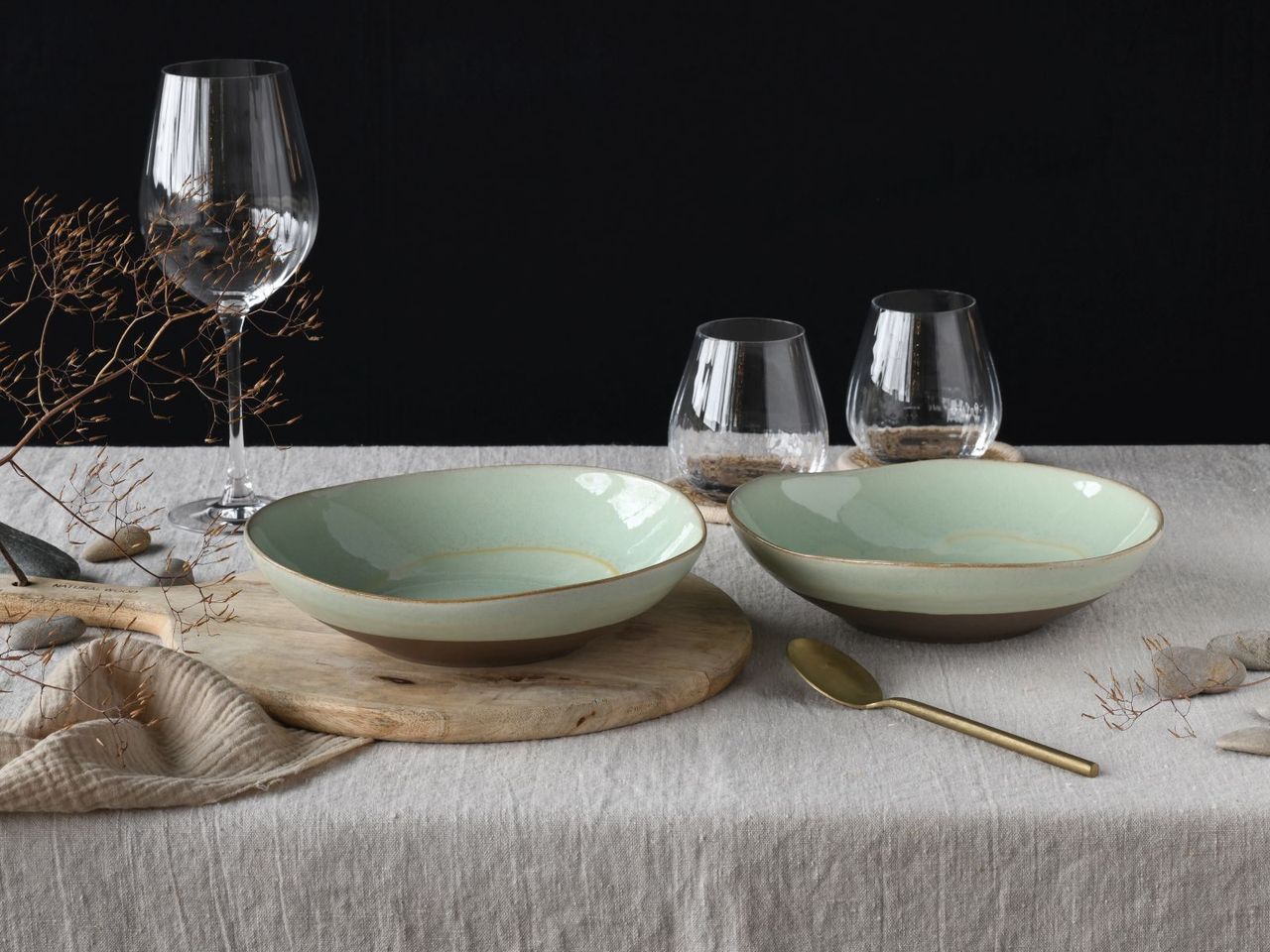 CreaTable Basalt Bowls, Salbei , 2-teiliges Geschirrset, Pastabowl Set aus Steinzeug