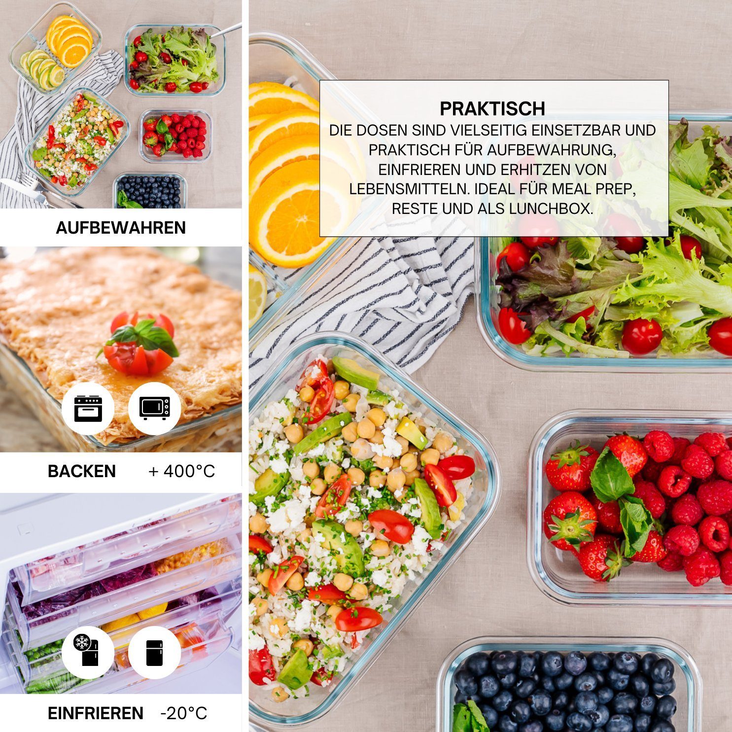 culinario Frischhaltedose Glas-Dosen mit luftdichtem Deckel Meal Prep & Aufbewahrung, BPA-frei, Glas, (Set, 2-tlg., ab 2er Set), spülmaschinenfest, mikrowellengeeignet, geeignet für Gefrierschrank