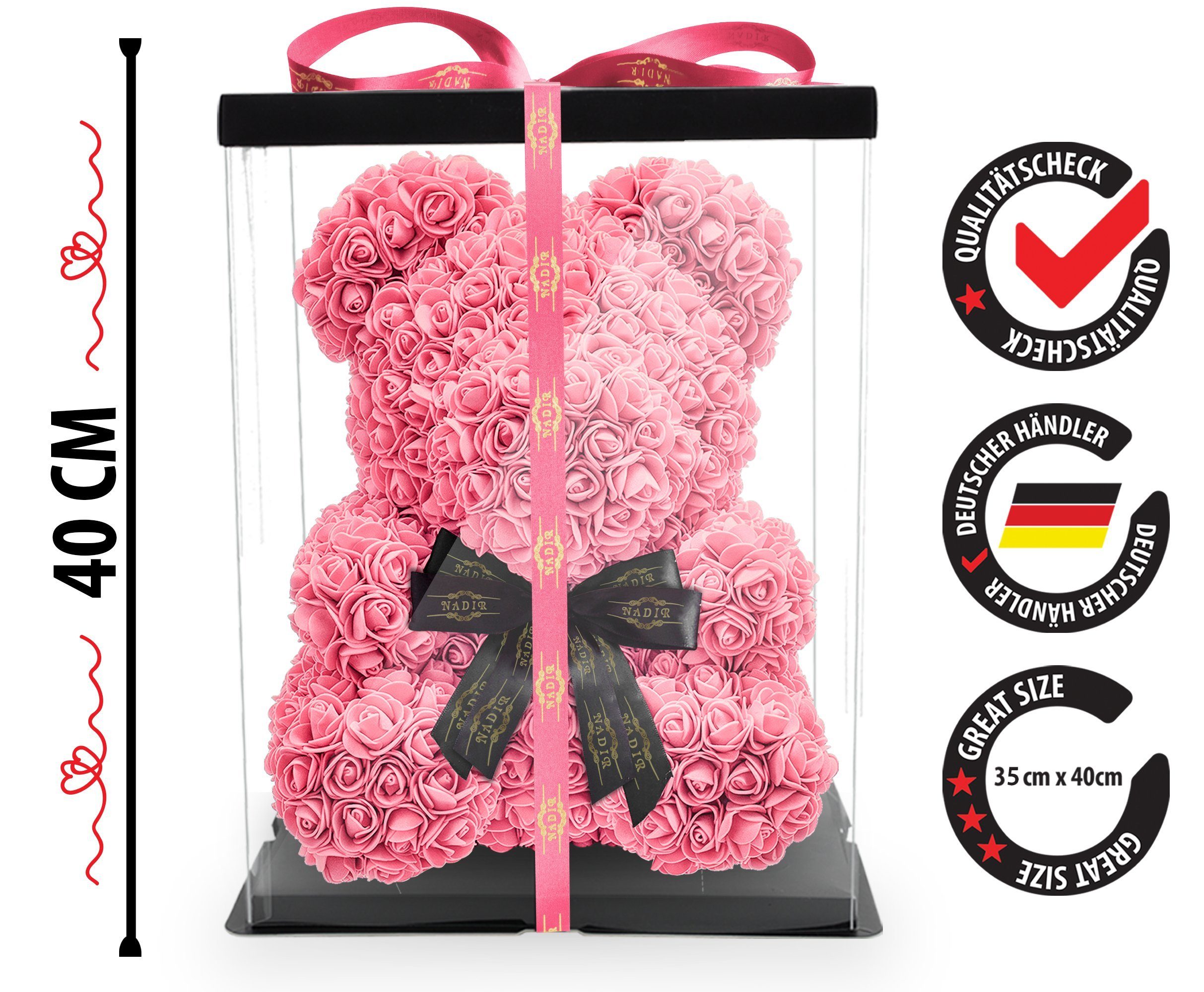 Kunstblume Rosenbär 40 cm inkl. Geschenkbox mit Schleife - Geschenk für Freundin Jahrestag Geburtstag Hochzeit, NADIR, Größe: 40 cm, inklusive Geschenkbox