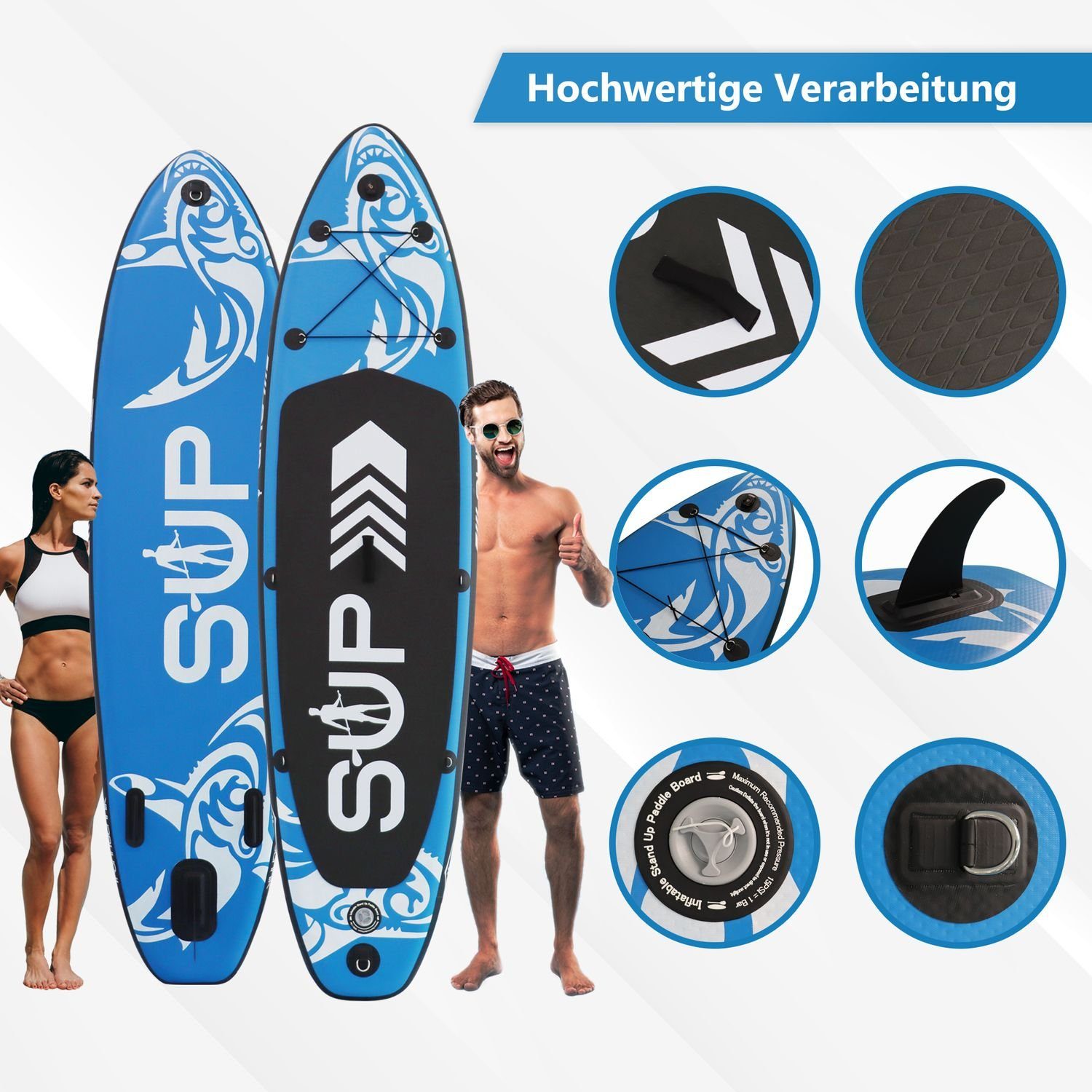 24Move SUP-Board Supboard Set, Premium Stand Up Paddleboard aufblasbar, inkl. Zubehör, Longboard, (Rucksack, Paddel, Action Cam ready, Doppelhub Pumpe, Sicherungsleine, 6 tlg., für Kinder & Erwachsene, BLAU, 366x80, bis 200 kg), mit Drop Stich Techno