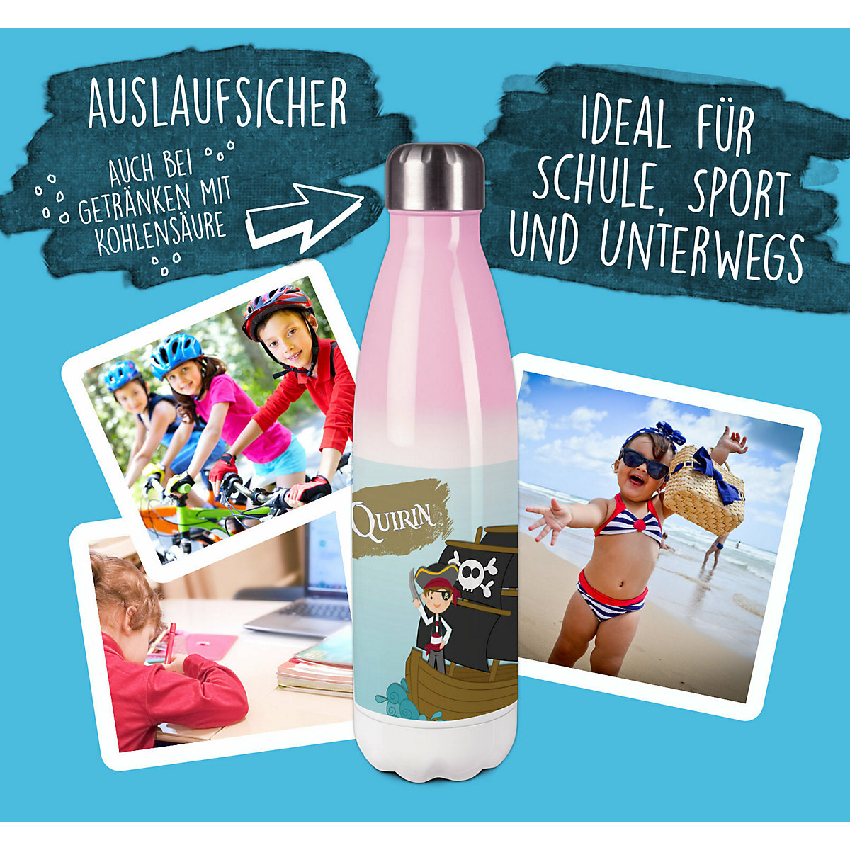 Edelstahl Kinder Thermoflasche / Trinkflasche bunt Pirat Spülmaschinenfest, Auslaufsicher, Bruchfest, Doppelwandig, Für Heißgetränke geeignet, Mit Deckel, Isoliert