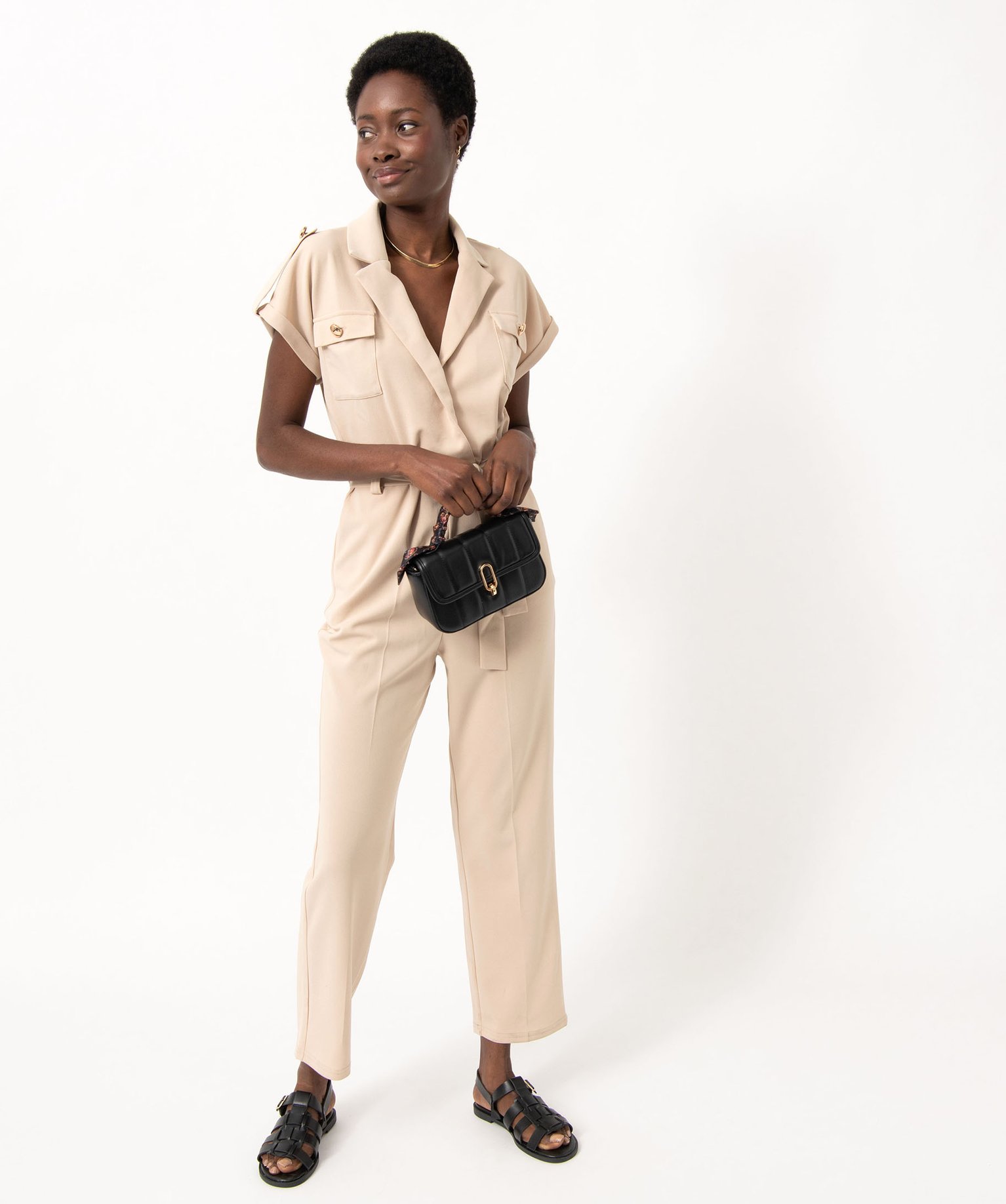 Combinaison pantalon à manches courtes esprit saharienne femme beige | GEMO