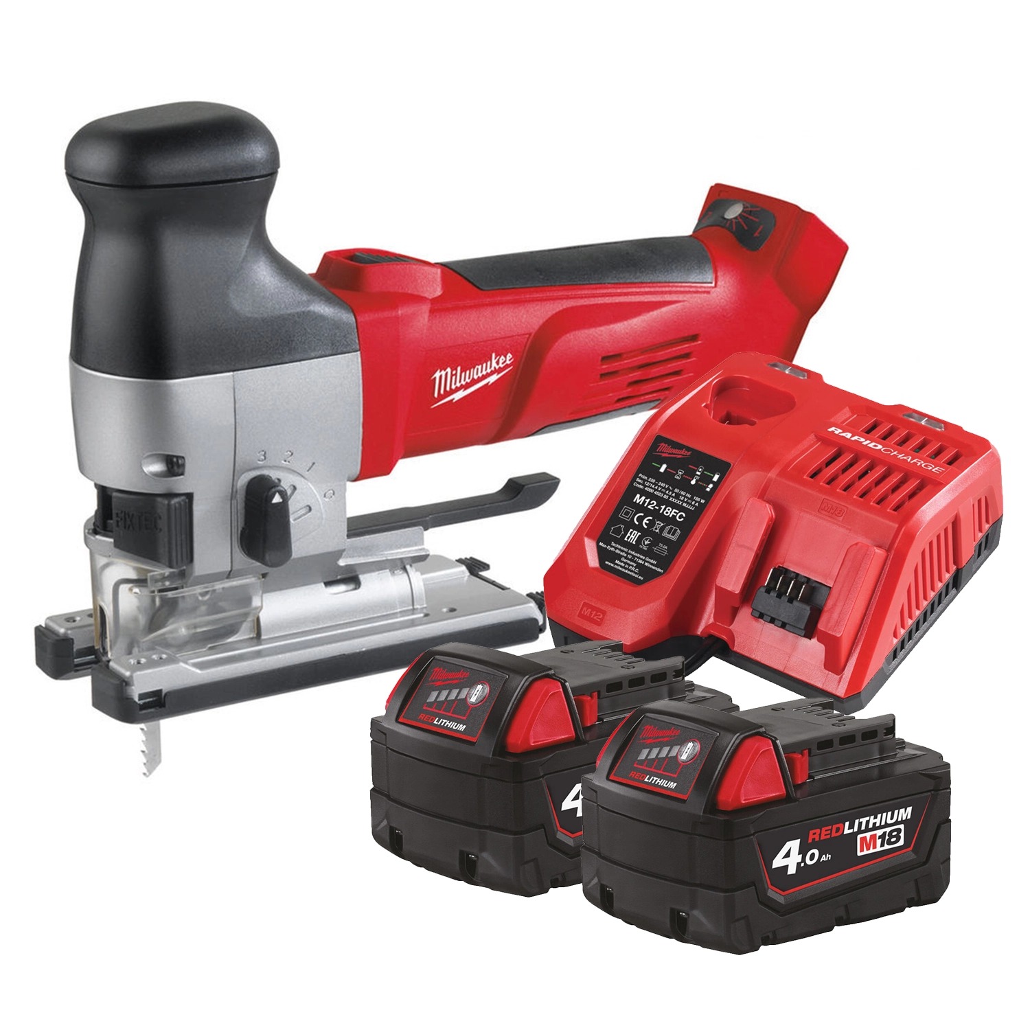 Sierra de calar inalámbrica de alta resistencia Milwaukee 4933500554 M18 HD18 JSB-402C con mango de pomo, 2 baterías de 4.0 Ah y cargador en estuche.