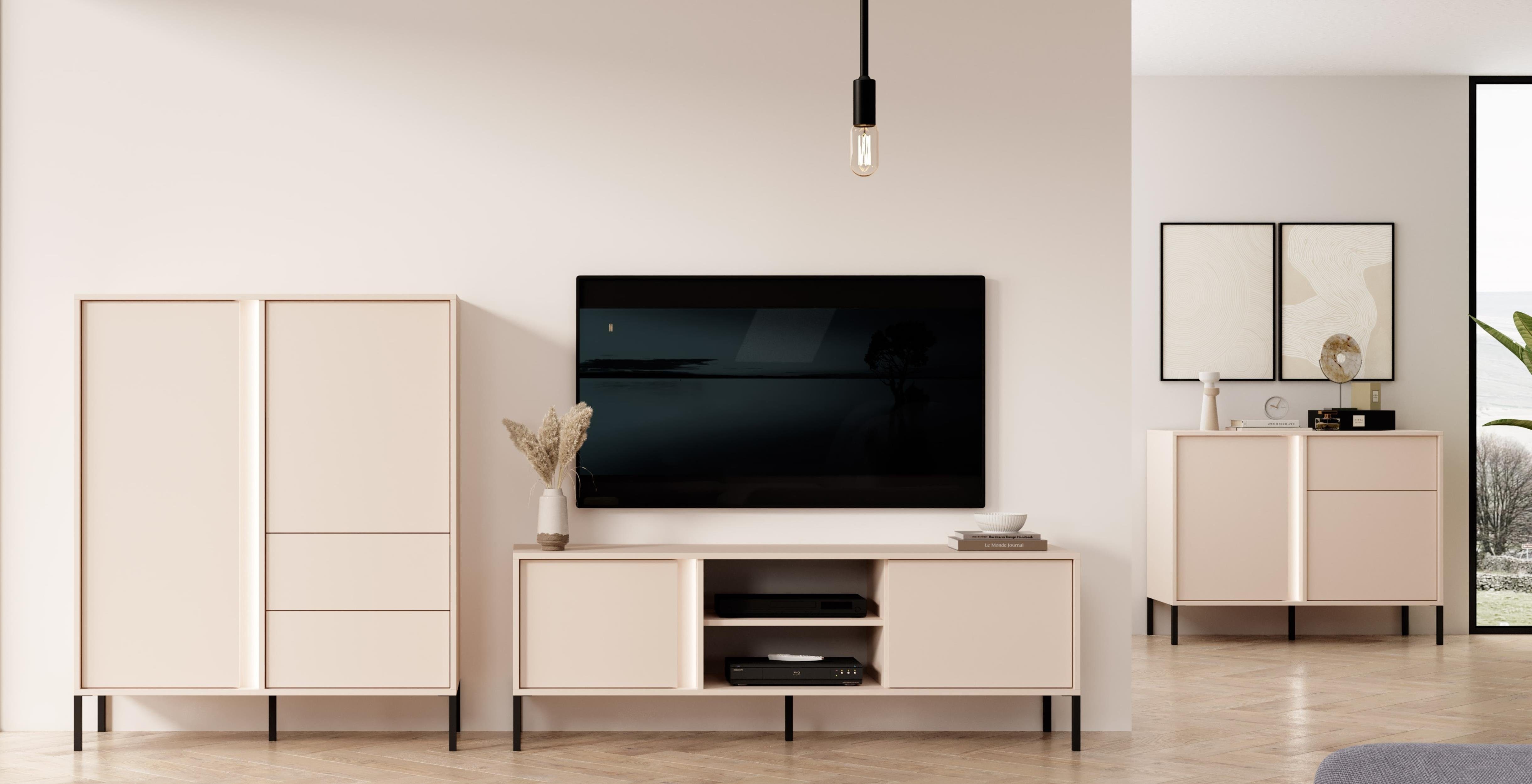 Furnix Wohnwand 3-tlg. Mediawand DASTI 2 Highboard, TV-Schrank, Kommode Beige, Komplett-Set, B359,7 x H123,4 x T39,5 cm