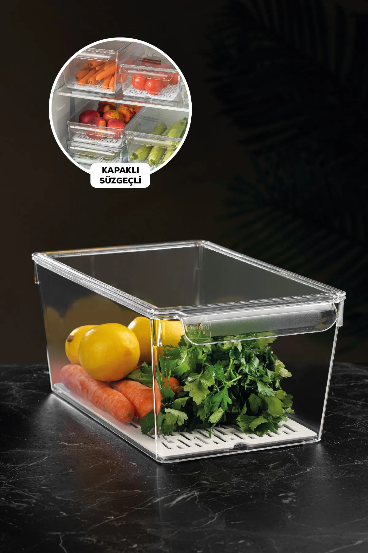 Meleni Home  Kühlschrank-Organizer mit Abdeckung und Sieb im Kühlschrank-Organizer, 14 x 32,5 x 20 cm