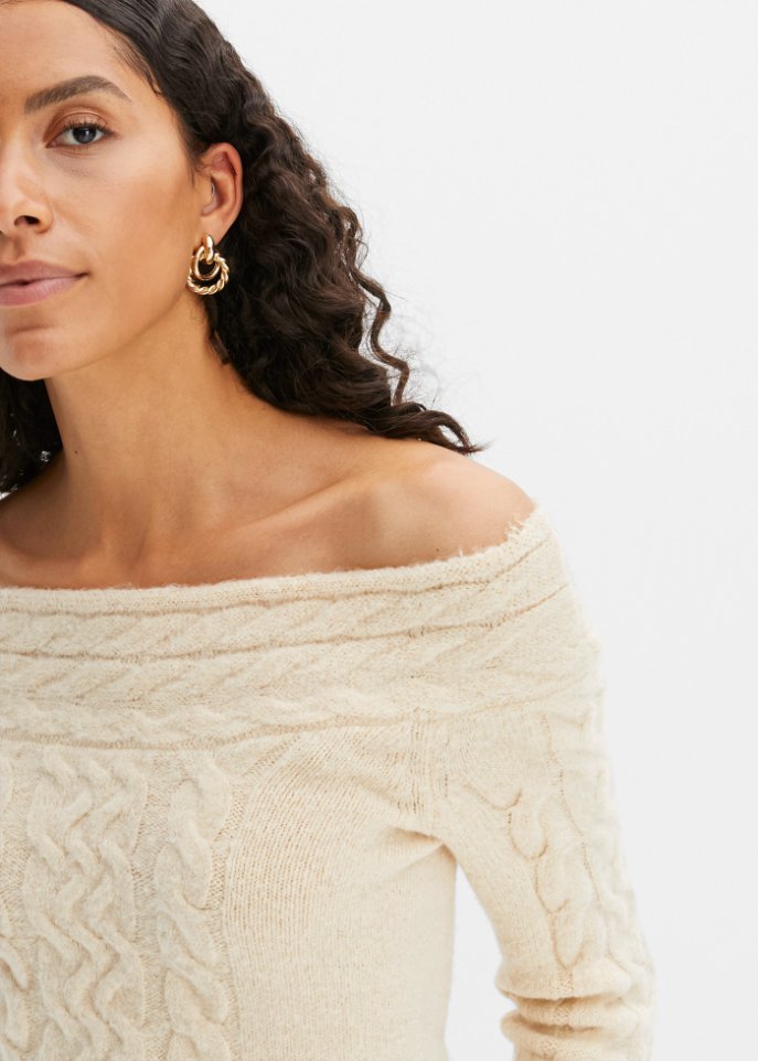 Carmen-Pullover mit Zopfmuster