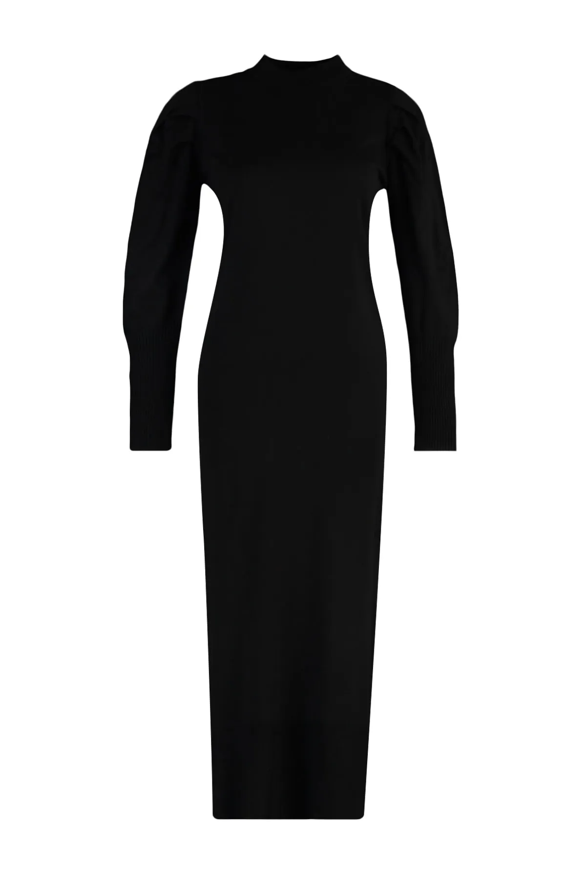 Trendyol Modest  Schwarzes Strickkleid mit gerafften Schultern und Rundhalsausschnitt TCTAW23EB00047