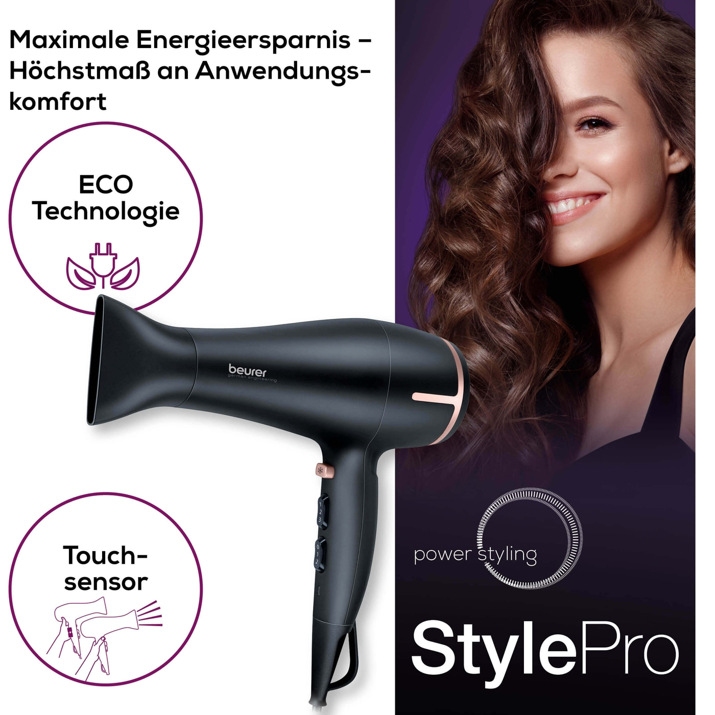 Beurer Haartrockner HC 60-Föhn mit umweltfreundlicher ECO Technologie & Touchsensor