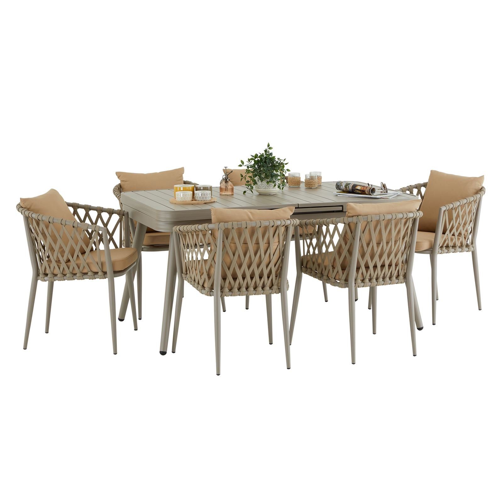 IDIMEX Gartenlounge-Set SUNNY, Gartenmöbel Set champagner/beige 1 Esstisch ausziehbar und 6 Stühle mi