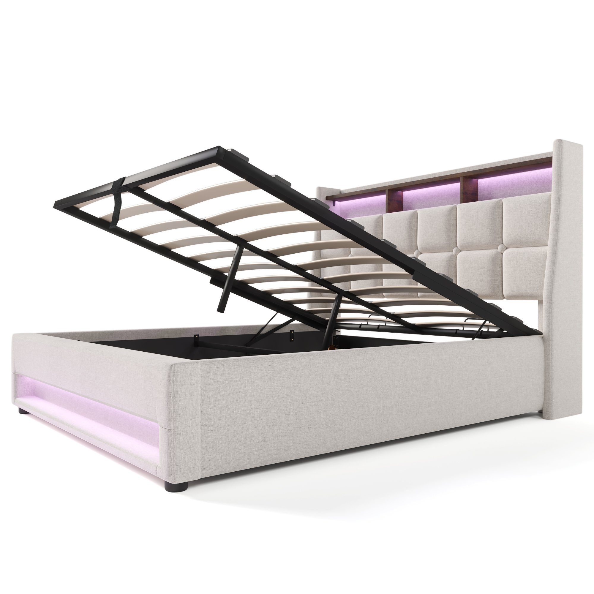 WISHDOR Polsterbett Bett (LED Doppelbett Jugendbett mit USB/Typ-C Ladeanschluss), 180x200cm,Ohne Matratze