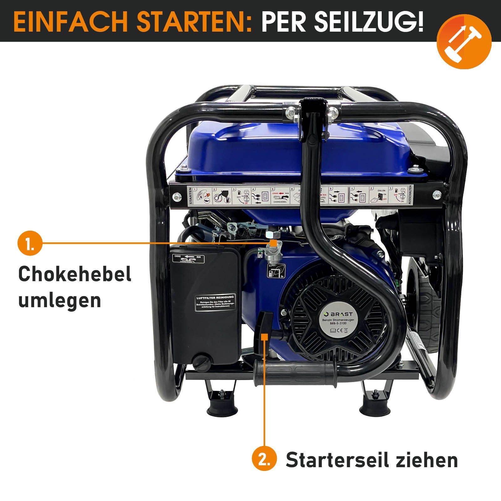 BRAST Stromerzeuger Benzin 4,8kW (6,5PS) mit 212cm³ 3000 Watt 4-Takt-Motor, (Zahlreiche Anschlüsse für flexiblen Einsatz), lange Laufzeiten bis zu 23 Stunden Generator Stromgenerator