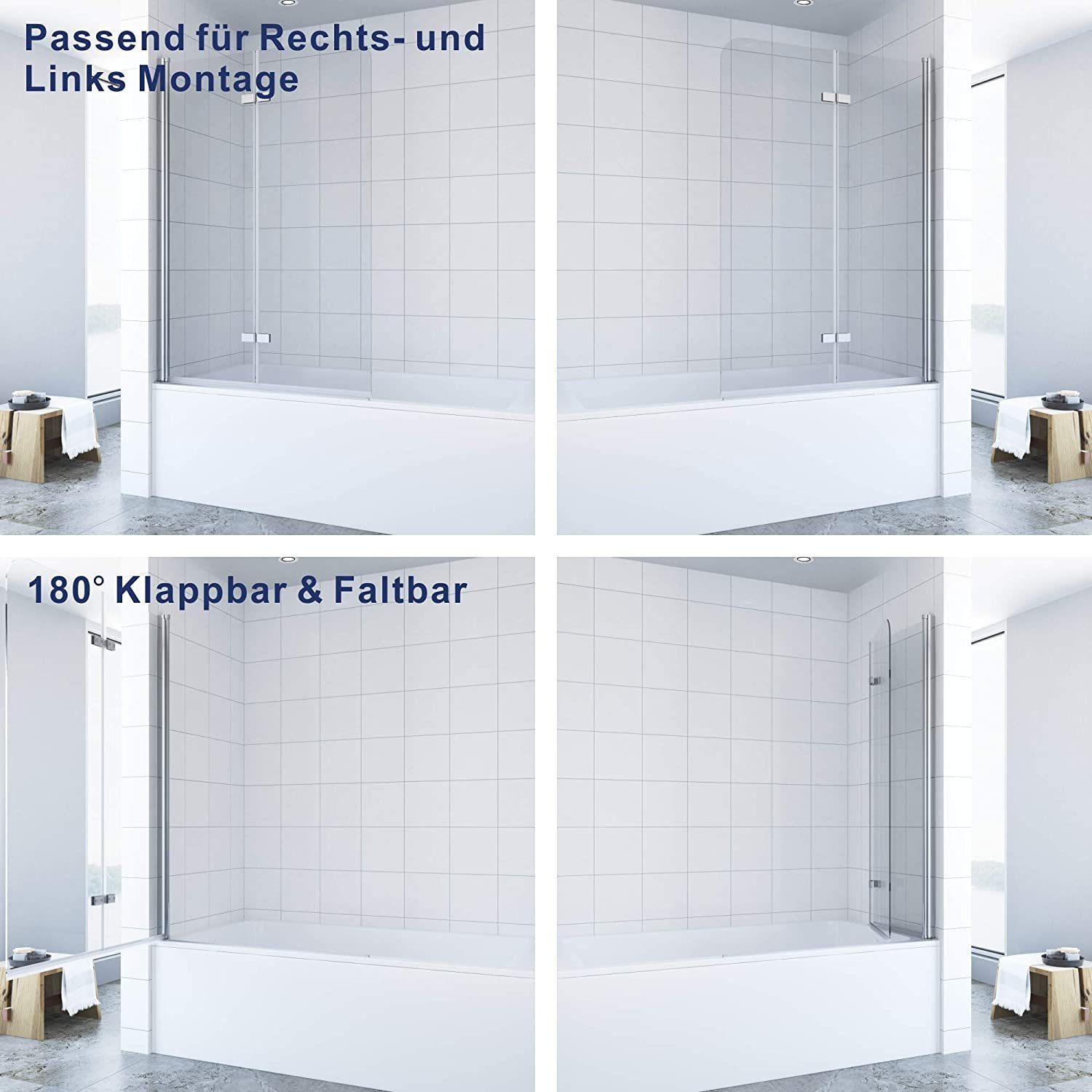 AQUALAVOS Badewannenaufsatz Badewannenaufsatz Faltwand Badewannenfaltwand Duschwand für Badewanne, 5 mm Einscheiben-Sicherheitsglas (ESG) mit Lotus-Effekt Nanobeschichtung, in 2 verschiedenen Breiten (100/120 cm), Höhe: 140 cm, Spritzschutz im Bad, g