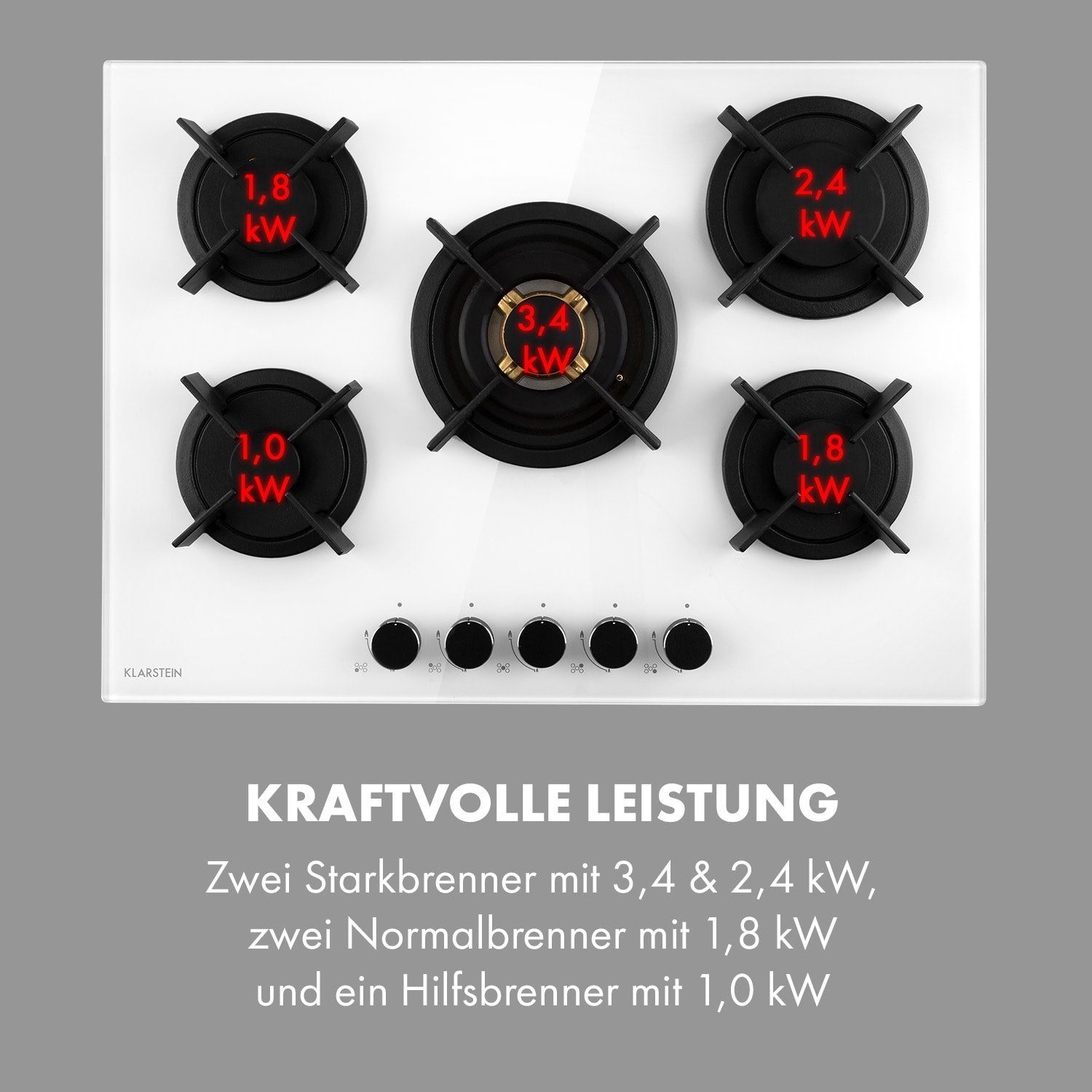 Klarstein Gas-Kochfeld Goldflame 5 Gaskochfeld 5-flammig Messing-Brenner Glaskeramik CP11-Goldflame-5-W, Einbau Gas Kochfeld 5 Platten Herdplatte Kochplatte Einbaukochfeld