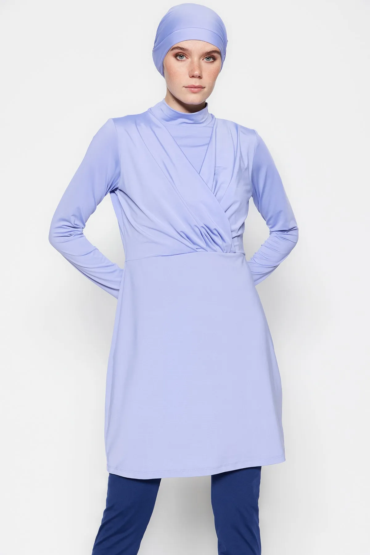 Trendyol Modest  Lila drapiertes, detailliertes, vollständig bedecktes, gestricktes Lycra-4-teiliges Badeanzug-Set TCTSS23CF00001