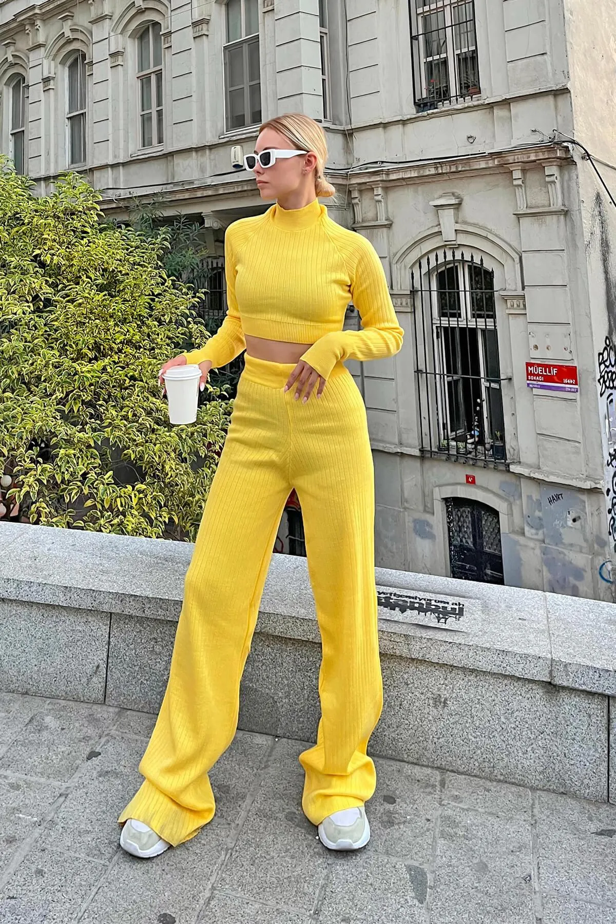 Swist  Gelbes Half-Fisherman-Strick-Crop-Pullover-Hose-Strickwaren-Bottom-Top-Set