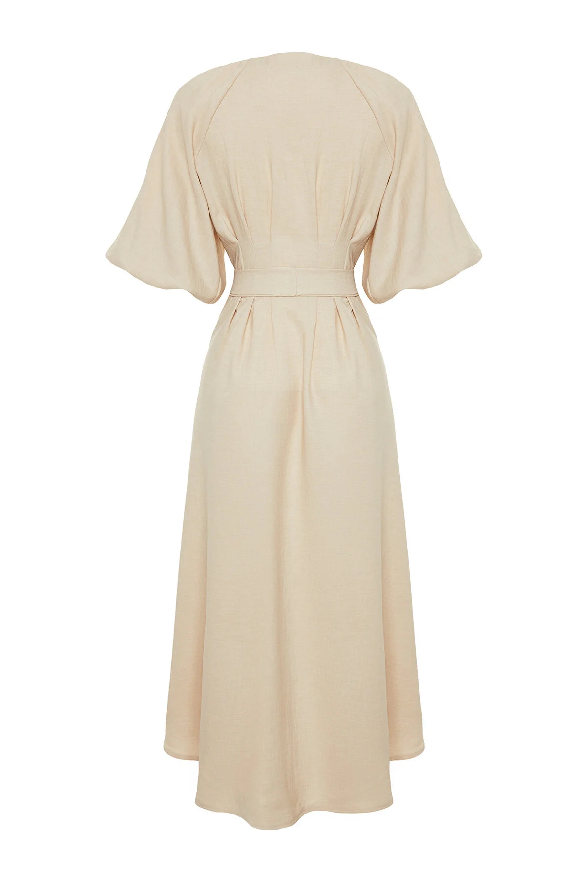 Trendyol Modest  Steinfarbenes, gewebtes Hemdkleid in Leinenoptik mit Gürtel und halblangen Ballonärmeln TCTSS24EB00014