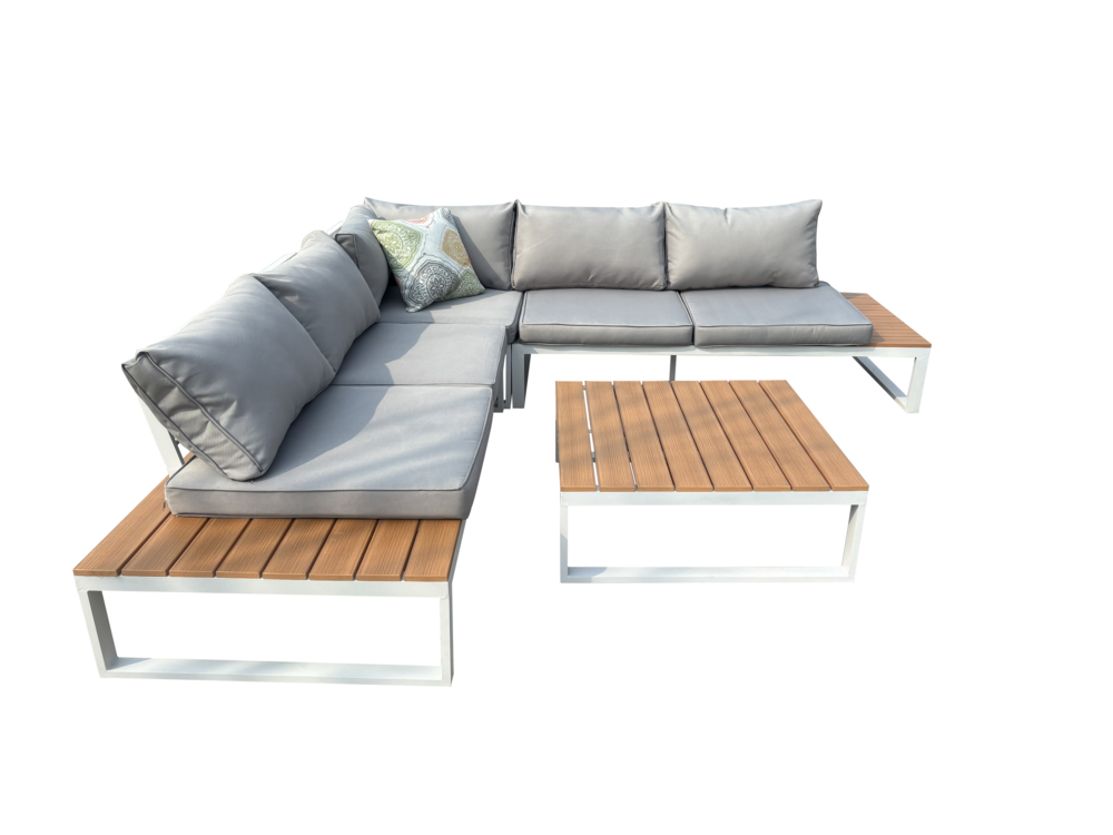 Happy Home Happy Home 14 tlg. Loungeset aus Aluminium inkl. Auflagen HGS64-HGR hellgrau mit Holzoptik
